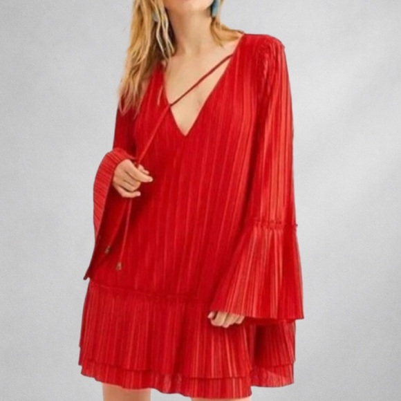 Free People Dresses & Skirts - Free People Red Pleated Tiered Bell Sleeve Mini Dress M V-Neck Boho Romantic